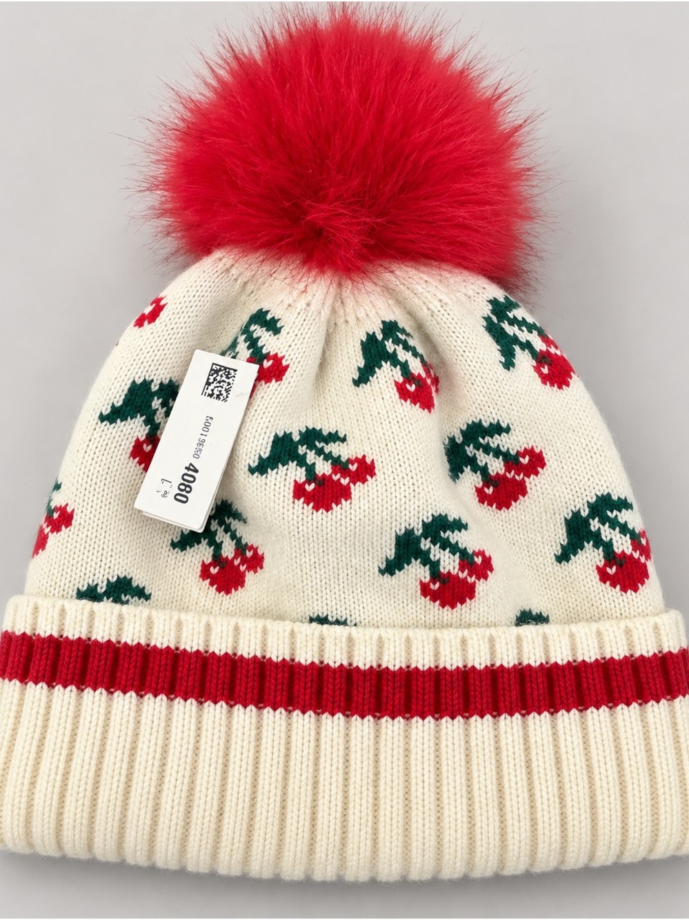 Kids Cream Cherry Pom Pom Beanie Hat - Red Trim